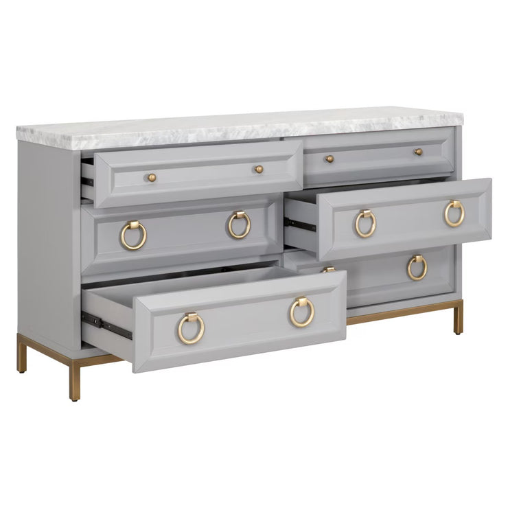 Essentials For Living Azure 6-Drawer Dresser ~ Dove Gray, White Carrera Marble With Brushed Gold Hardware
