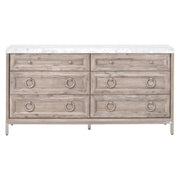 Essentials For Living Azure Carrera 6-Drawer Dresser ~ Natural Gray Acacia, White Carrera Marble With Brushed Stainless Steel Hardware
