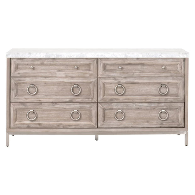 Essentials For Living Azure Carrera 6-Drawer Dresser ~ Natural Gray Acacia, White Carrera Marble With Brushed Stainless Steel Hardware