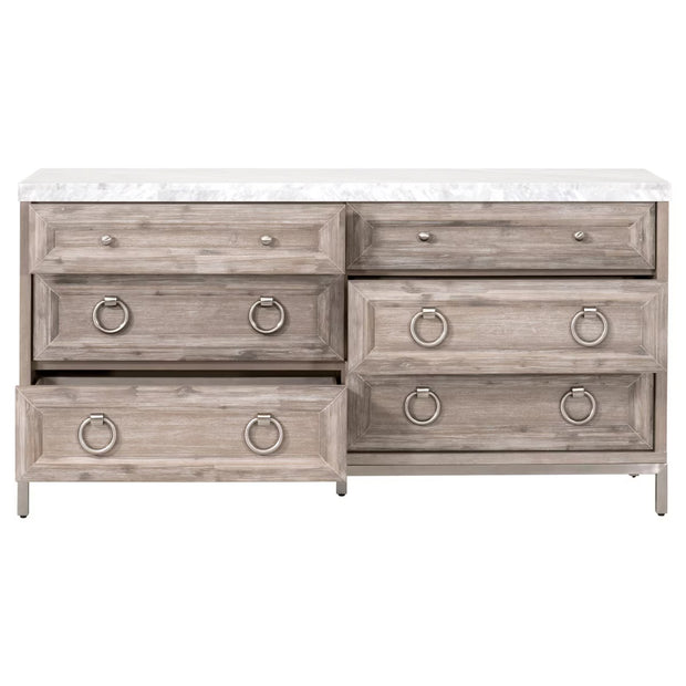 Essentials For Living Azure Carrera 6-Drawer Dresser ~ Natural Gray Acacia, White Carrera Marble With Brushed Stainless Steel Hardware