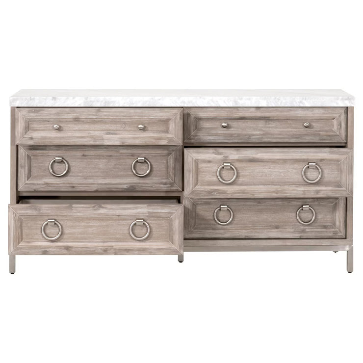 Essentials For Living Azure Carrera 6-Drawer Dresser ~ Natural Gray Acacia, White Carrera Marble With Brushed Stainless Steel Hardware