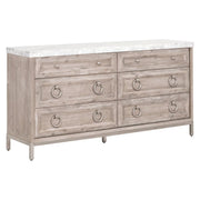 Essentials For Living Azure Carrera 6-Drawer Dresser ~ Natural Gray Acacia, White Carrera Marble With Brushed Stainless Steel Hardware