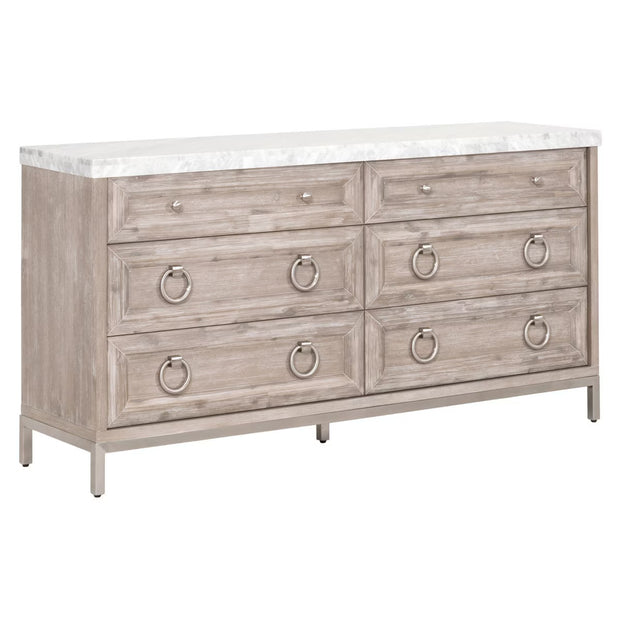 Essentials For Living Azure Carrera 6-Drawer Dresser ~ Natural Gray Acacia, White Carrera Marble With Brushed Stainless Steel Hardware
