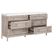 Essentials For Living Azure Carrera 6-Drawer Dresser ~ Natural Gray Acacia, White Carrera Marble With Brushed Stainless Steel Hardware