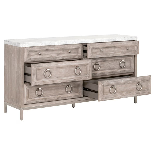 Essentials For Living Azure Carrera 6-Drawer Dresser ~ Natural Gray Acacia, White Carrera Marble With Brushed Stainless Steel Hardware