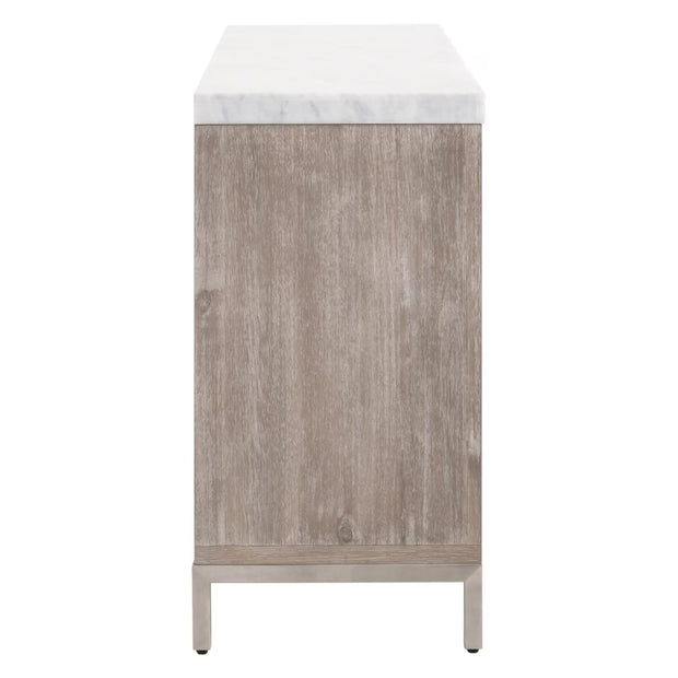 Essentials For Living Azure Carrera 6-Drawer Dresser ~ Natural Gray Acacia, White Carrera Marble With Brushed Stainless Steel Hardware