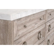 Essentials For Living Azure Carrera 6-Drawer Dresser ~ Natural Gray Acacia, White Carrera Marble With Brushed Stainless Steel Hardware