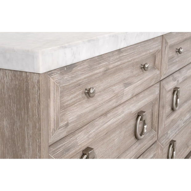 Essentials For Living Azure Carrera 6-Drawer Dresser ~ Natural Gray Acacia, White Carrera Marble With Brushed Stainless Steel Hardware