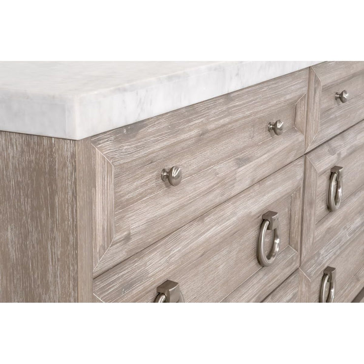 Essentials For Living Azure Carrera 6-Drawer Dresser ~ Natural Gray Acacia, White Carrera Marble With Brushed Stainless Steel Hardware