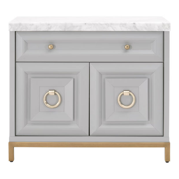 Essentials For Living Azure Media Chest ~ Dove Gray, White Carrera Marble With Brushed Gold Hardware