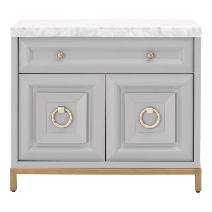 Essentials For Living Azure Media Chest ~ Dove Gray, White Carrera Marble With Brushed Gold Hardware