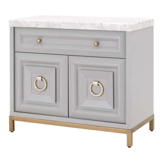 Essentials For Living Azure Media Chest ~ Dove Gray, White Carrera Marble With Brushed Gold Hardware