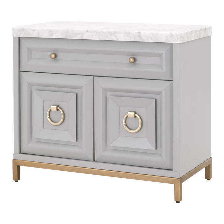 Essentials For Living Azure Media Chest ~ Dove Gray, White Carrera Marble With Brushed Gold Hardware
