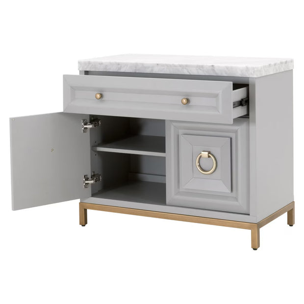 Essentials For Living Azure Media Chest ~ Dove Gray, White Carrera Marble With Brushed Gold Hardware