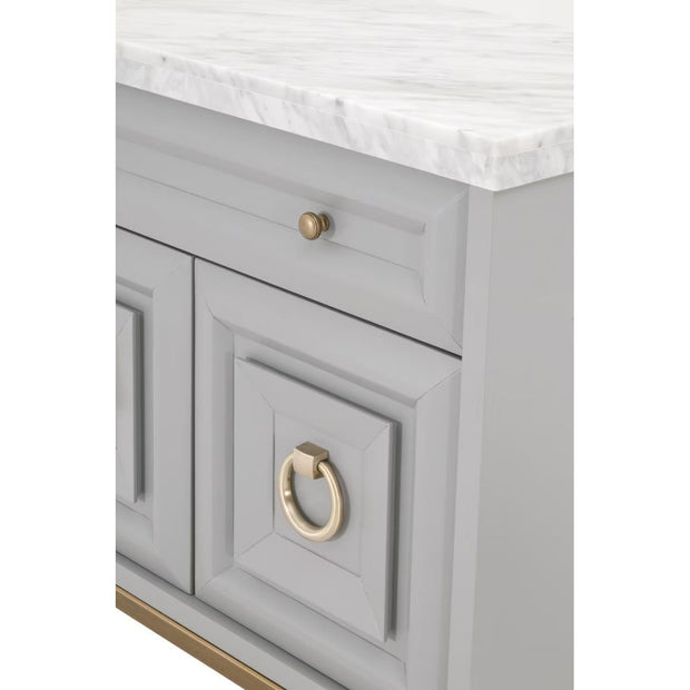 Essentials For Living Azure Media Chest ~ Dove Gray, White Carrera Marble With Brushed Gold Hardware
