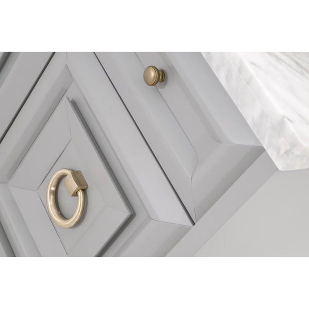 Essentials For Living Azure Media Chest ~ Dove Gray, White Carrera Marble With Brushed Gold Hardware