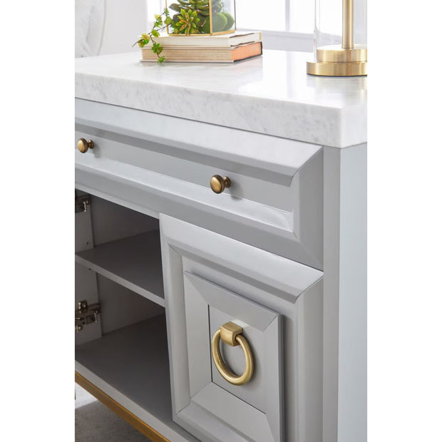 Essentials For Living Azure Media Chest ~ Dove Gray, White Carrera Marble With Brushed Gold Hardware