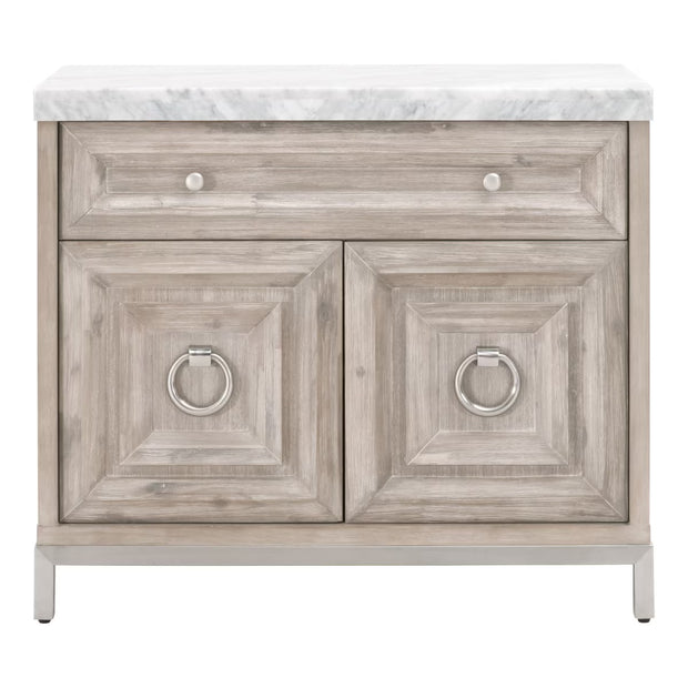 Essentials For Living Azure Media Chest ~ Natural Gray Acacia, White Carrera Marble With Brushed Stainless Steel Hardware