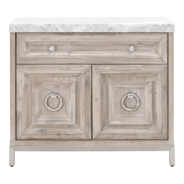 Essentials For Living Azure Media Chest ~ Natural Gray Acacia, White Carrera Marble With Brushed Stainless Steel Hardware