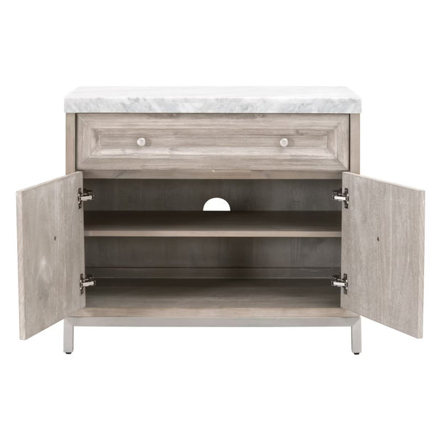 Essentials For Living Azure Media Chest ~ Natural Gray Acacia, White Carrera Marble With Brushed Stainless Steel Hardware