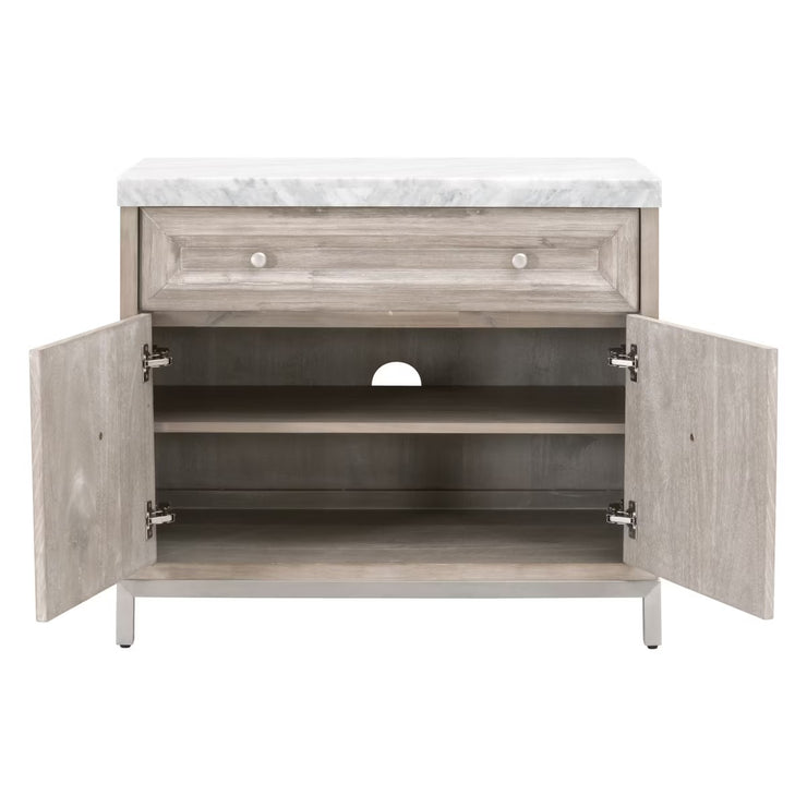 Essentials For Living Azure Media Chest ~ Natural Gray Acacia, White Carrera Marble With Brushed Stainless Steel Hardware