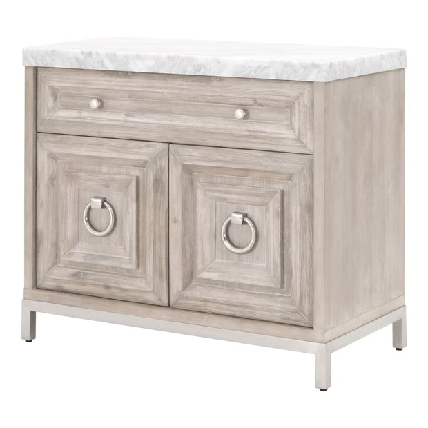 Essentials For Living Azure Media Chest ~ Natural Gray Acacia, White Carrera Marble With Brushed Stainless Steel Hardware