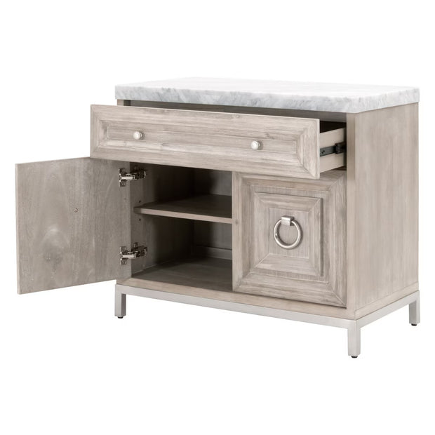 Essentials For Living Azure Media Chest ~ Natural Gray Acacia, White Carrera Marble With Brushed Stainless Steel Hardware