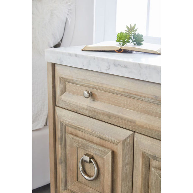 Essentials For Living Azure Media Chest ~ Natural Gray Acacia, White Carrera Marble With Brushed Stainless Steel Hardware
