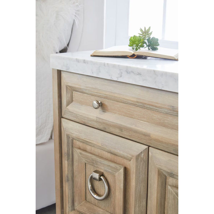 Essentials For Living Azure Media Chest ~ Natural Gray Acacia, White Carrera Marble With Brushed Stainless Steel Hardware