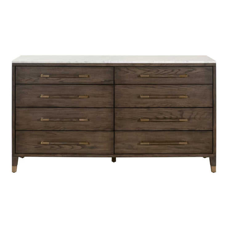 Essentials For Living Cambria 8-Drawer Double Dresser ~ Dutch Brown Oak, Bianco Marble With Aged Brass Hardware
