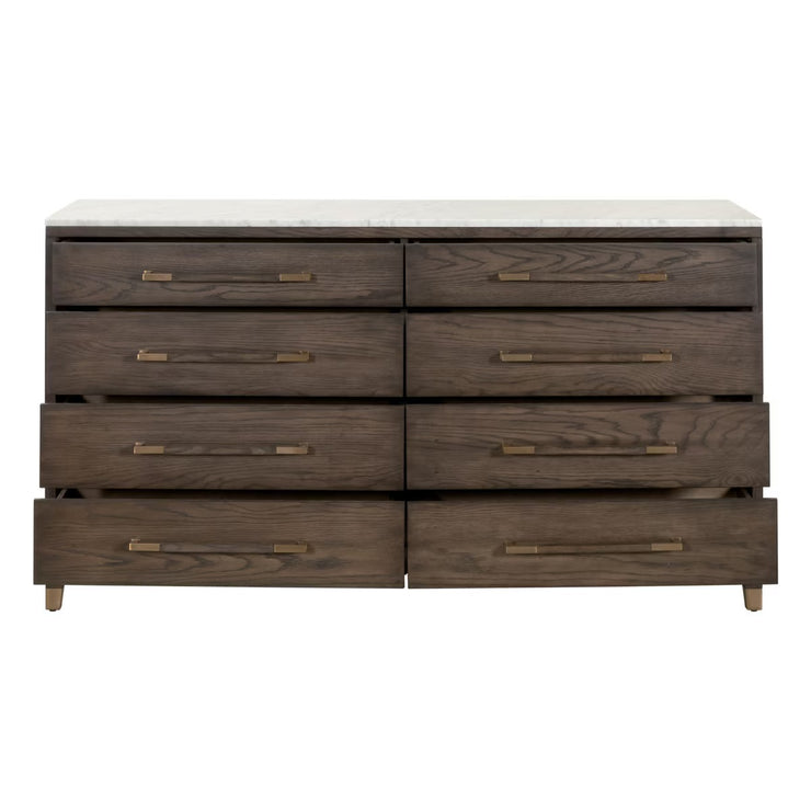 Essentials For Living Cambria 8-Drawer Double Dresser ~ Dutch Brown Oak, Bianco Marble With Aged Brass Hardware