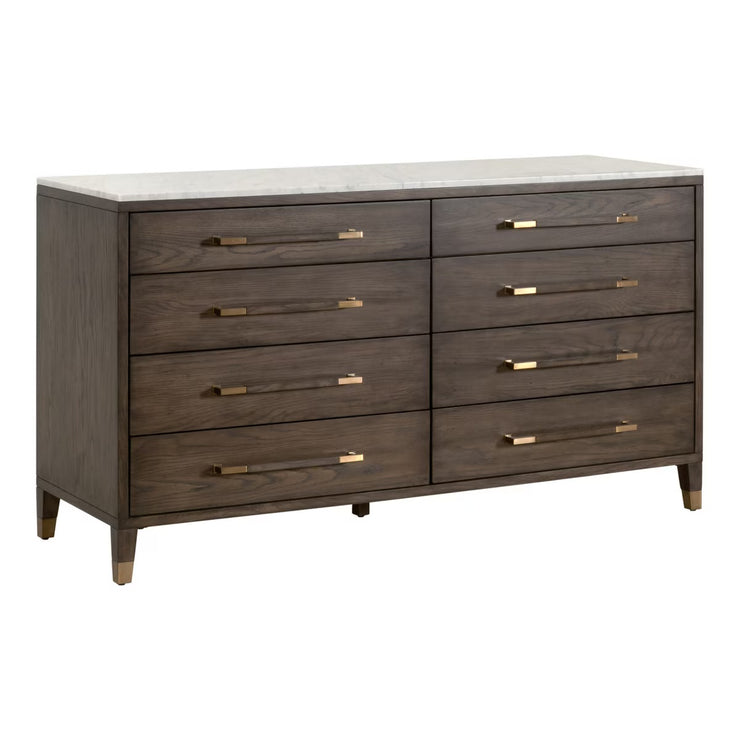 Essentials For Living Cambria 8-Drawer Double Dresser ~ Dutch Brown Oak, Bianco Marble With Aged Brass Hardware