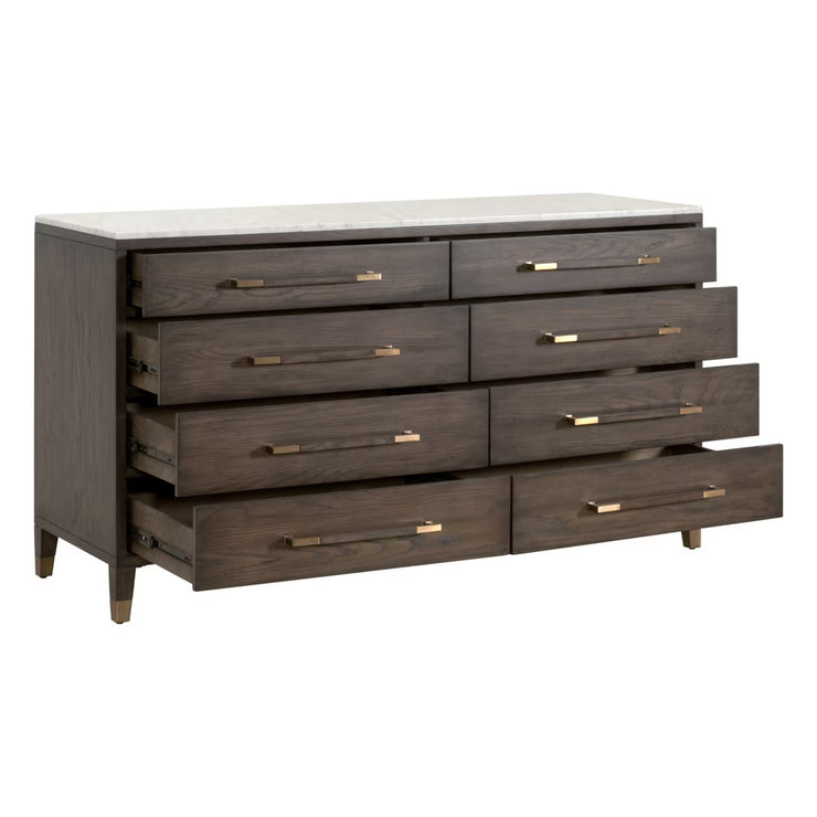 Essentials For Living Cambria 8-Drawer Double Dresser ~ Dutch Brown Oak, Bianco Marble With Aged Brass Hardware