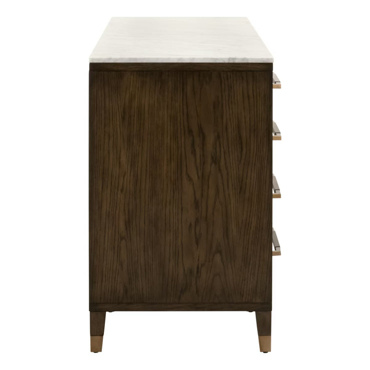Essentials For Living Cambria 8-Drawer Double Dresser ~ Dutch Brown Oak, Bianco Marble With Aged Brass Hardware