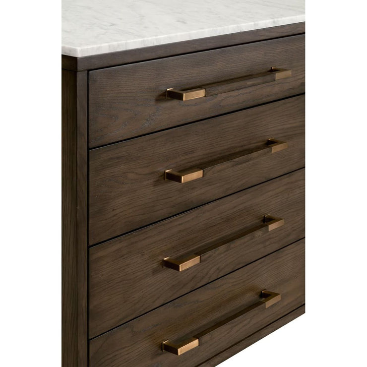 Essentials For Living Cambria 8-Drawer Double Dresser ~ Dutch Brown Oak, Bianco Marble With Aged Brass Hardware
