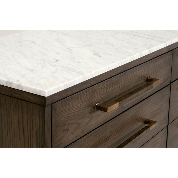 Essentials For Living Cambria 8-Drawer Double Dresser ~ Dutch Brown Oak, Bianco Marble With Aged Brass Hardware