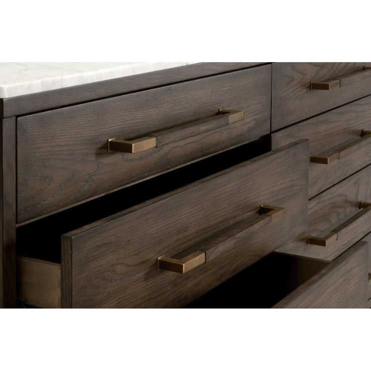 Essentials For Living Cambria 8-Drawer Double Dresser ~ Dutch Brown Oak, Bianco Marble With Aged Brass Hardware