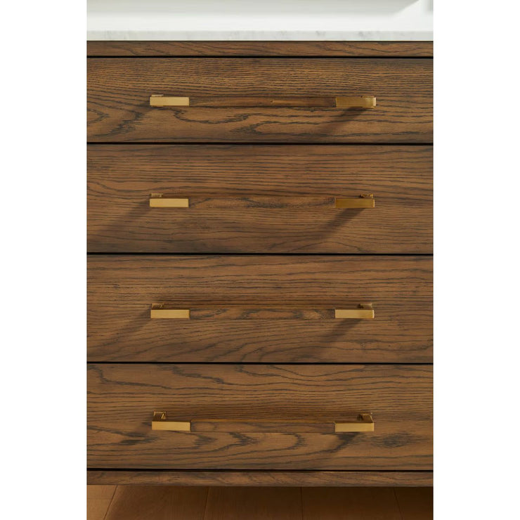 Essentials For Living Cambria 8-Drawer Double Dresser ~ Dutch Brown Oak, Bianco Marble With Aged Brass Hardware