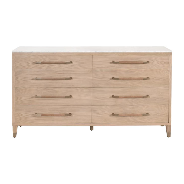 Essentials For Living Cambria 8-Drawer Double Dresser ~ Natural Oak, Bianco Marble With Aged Brass Hardware
