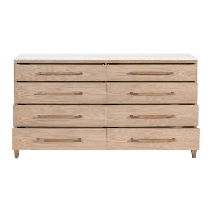 Essentials For Living Cambria 8-Drawer Double Dresser ~ Natural Oak, Bianco Marble With Aged Brass Hardware