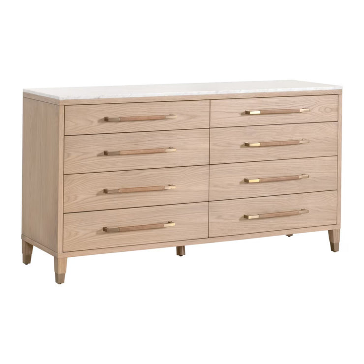 Essentials For Living Cambria 8-Drawer Double Dresser ~ Natural Oak, Bianco Marble With Aged Brass Hardware