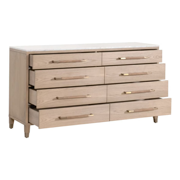 Essentials For Living Cambria 8-Drawer Double Dresser ~ Natural Oak, Bianco Marble With Aged Brass Hardware