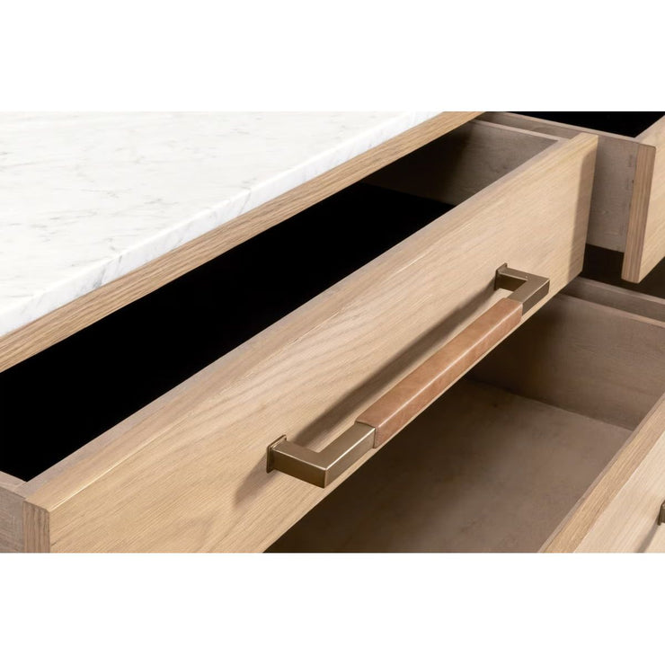 Essentials For Living Cambria 8-Drawer Double Dresser ~ Natural Oak, Bianco Marble With Aged Brass Hardware