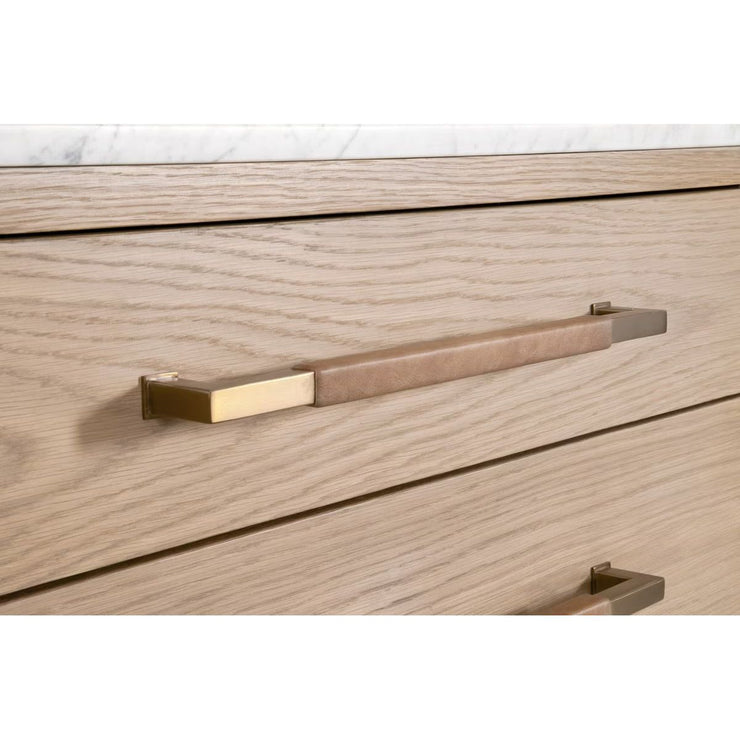 Essentials For Living Cambria 8-Drawer Double Dresser ~ Natural Oak, Bianco Marble With Aged Brass Hardware