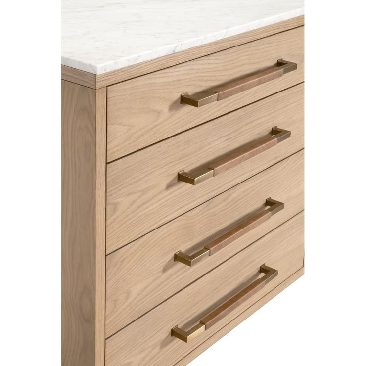 Essentials For Living Cambria 8-Drawer Double Dresser ~ Natural Oak, Bianco Marble With Aged Brass Hardware