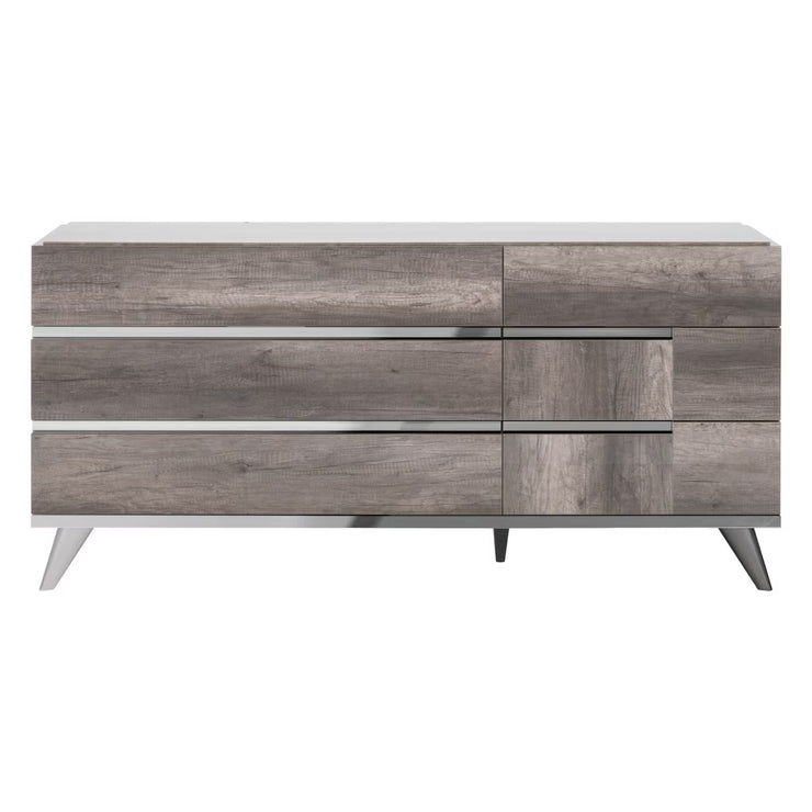 Essentials For Living Collina 6-Drawer Dresser ~ Vintage Oak High Gloss With Chrome Foil Trim