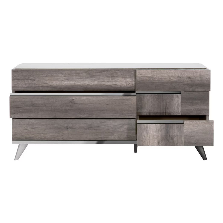 Essentials For Living Collina 6-Drawer Dresser ~ Vintage Oak High Gloss With Chrome Foil Trim