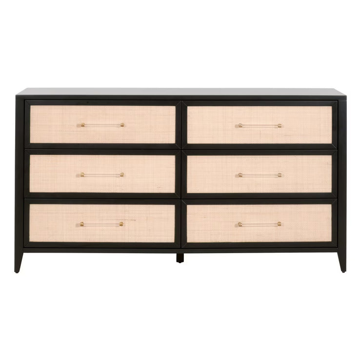 Essentials For Living Holland  6-Drawer Double Dresser~ Brushed Black Acacia and Natural Rattan