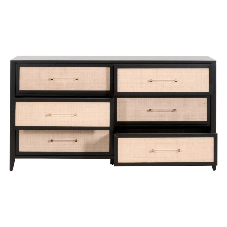 Essentials For Living Holland  6-Drawer Double Dresser~ Brushed Black Acacia and Natural Rattan