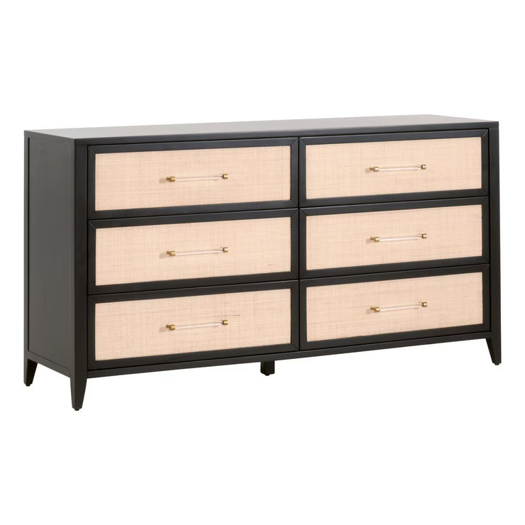 Essentials For Living Holland  6-Drawer Double Dresser~ Brushed Black Acacia and Natural Rattan